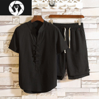 HongZun冰丝套装男士潮牌盘扣唐装衬衫中国风男装亚麻短袖短裤休闲两件套