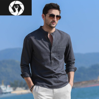 HongZun立领棉麻衬衫男士春夏季长袖文艺休闲上衣潮流宽松亚麻衬衣男