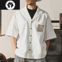 HongZun波浪纹理华夫格白色衬衫男短袖夏季2023新款经典古巴领衬衣