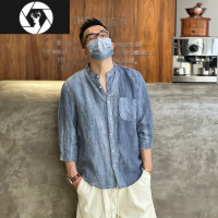 HongZun港风夏季简约亚麻衬衣男日系复古扎染立领痞帅炸街七分袖休闲衬衫