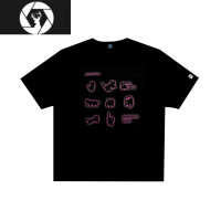 HongZun 夏季黑白黑猫大集合短袖T恤圆领趣味流行宽松印花休闲男