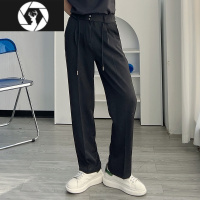 HongZun渣渣鹿冰丝休闲裤薄款垂感小西裤男款夏季宽松直筒系带免烫长裤潮