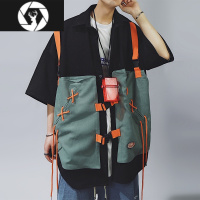 HongZun夏季高街潮牌工装短袖衬衫嘻哈VTG宽松假两件马甲五分袖T恤