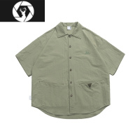 HongZun橄榄绿短袖宽松短袖衬衫男2023夏季新款设计小众日系复古衬衣