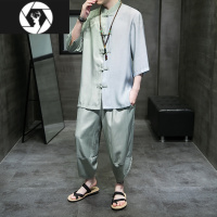 HongZun2023夏季冰丝汉服套装男士五分袖衬衫中国风唐装大码七分裤两件套