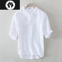 HongZun夏季薄款中国风立领短袖亚麻衬衫男宽松polo半袖棉麻白色t恤上衣