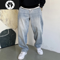 HongZun春夏季美式休闲痞帅复古怀旧浅蓝色牛仔裤男直筒宽松百搭阔腿裤子