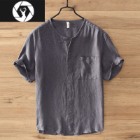 HongZun夏季亚麻T恤衫男纯色短袖休闲百搭青年棉麻寸衫新潮流宽松上衣薄