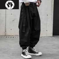HongZun炸街休闲裤男宽松阔腿裤港风潮流chic学生收脚裤腰带灯笼跨裤裤子