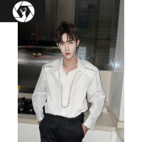 HongZun2023新款织带设计感小众韩版宽松休闲垫肩长袖衬衫铆钉潮牌衬衣