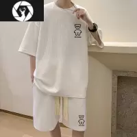 HongZun小熊夏季套装男士休闲运动衣服短袖短裤华夫格男装t恤两件套