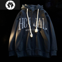 HongZun开衫卫衣男春季宽松复古休闲拉链外套青少年美式高街连帽上衣