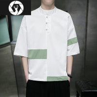 HongZun夏季民族风套头休闲时尚男拼接都市大码宽松短袖t恤唐装盘扣男装