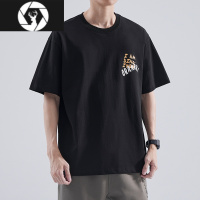 HongZun 210g短袖T恤男美式复古潮流宽松休闲印花黑色半袖上衣