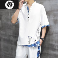 HongZun夏季冰丝短袖t恤2022夏装新款休闲中国风套装唐装宽松一套汉服男