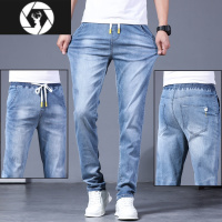 HongZun春夏薄款牛仔裤男松紧带腰潮牌合体直筒弹力休闲橡筋宽松系带长裤