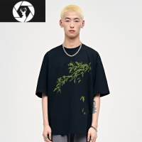 HongZun山小川潮牌竹叶青飘落印花短袖t恤男国潮宽松夏季情侣款上衣