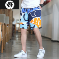 HongZun男士休闲短裤外出大裤衩宽松五分裤夏季潮牌印花沙滩裤口袋拉链潮