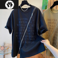 HongZun特大码300斤设计感小众宽松重工刺绣t恤男女装短袖拉链开叉上衣夏