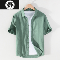 HongZun夏季亚麻衬衫男短袖宽松日系休闲潮牌薄款大码潮流白棉麻工装衬衣