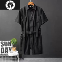 HongZun工装连体裤男士夏季时尚休闲短袖套装港风日系宽松潮牌痞帅五分裤