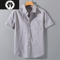 HongZun夏天亚麻衬衫男短袖宽松薄款休闲麻料上衣潮流薄款潮牌白棉麻衬衣