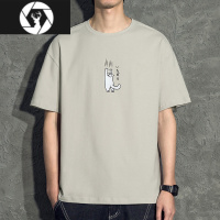 HongZun小猫咪男士t恤短袖夏季潮牌宽松弹力磨毛灰色男t磨毛打底衫