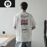 HongZunE夏季后背撞色字母印花短袖T恤男士潮牌圆领半截袖宽松打底体恤衫