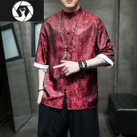 HongZun冰丝唐装中国风夏季薄款短袖衬衫男复古宽松汉服大码五分袖衬衣服