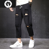 HongZun夏季破洞牛仔裤男系带直筒宽松工装九分裤个性乞丐七分裤