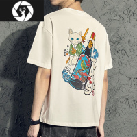 HongZun日系猫咪男士t恤短袖夏季潮流半袖小衫白男t宽松磨毛潮牌体桖