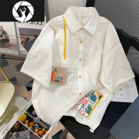 HongZun特大码300斤高级感复古刺绣短袖衬衫男女夏季宽松小众学院风上衣