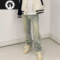 HongZun高街ins潮牌牛仔裤男女美式宽松vibe黄泥染重工水洗做旧直筒裤子