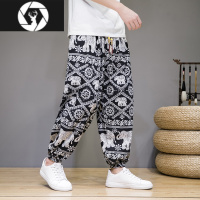 HongZun民族风泰国大象印花休闲裤男沙滩夏季亚麻宽松裤子黑白花纹哈伦裤