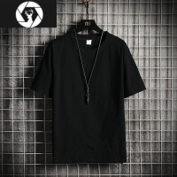 HongZun半截袖男亚麻T恤棉麻短袖中国风麻料上衣半袖宽松体桖大码t血男装