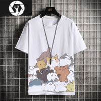 HongZun夏季潮牌短袖T恤男士宽松半袖体恤衫胖子大码男装猫咪上衣服