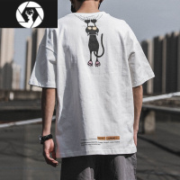 HongZun男士短袖t恤2023新款趣味圆领宽松衣服夏季潮流白色半袖男装