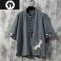 HongZun中国风男装刺绣亚麻短袖t恤男宽松版国潮五分袖薄款半袖棉麻上衣