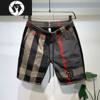 HongZun格子短裤男夏季刺绣休闲沙滩裤宽松薄款速干大裤衩运动五分裤