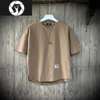 HongZun夏季男士宽松休闲上衣港风棉麻料纯色短袖T恤韩版潮流复古打底衫