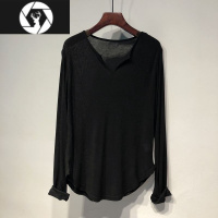 HongZun纯色V领上衣男女春秋新款宽松垂坠感慵懒遮屁中长款长袖t恤打底衫