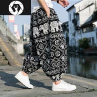 HongZun夏季亚麻裤男宽松中国风大码胖子阔腿裤泰国大象沙滩灯笼花裤子薄