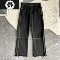 HongZun2023春季复古高街裤脚毛边设计港味潮流炸街宽松bf直筒阔腿牛仔裤