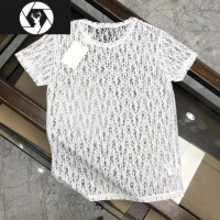 HongZun网眼t恤男士短袖锦纶镂空冰感宽松潮流2023夏季蕾丝男装体恤