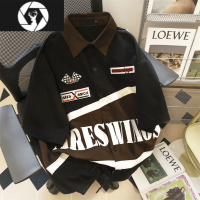 HongZun大码美式复古工装痞帅短袖衬衫男女夏新款宽松情侣别致上衣2-300