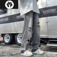 HongZun美式街头嘻哈破洞牛仔裤男款潮牌水洗做旧宽松直筒oversize阔腿裤