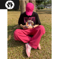HongZun日系玫红粉色阔腿裤子男宽松直筒ins美式痞帅大码牛仔裤情侣长裤