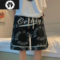 HongZun美式字母印花牛仔短裤男夏季薄款宽松直筒沙滩裤五分裤子