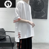 HongZun侧边系带短袖T恤男夏季潮牌ins港风半袖体恤衫2023年新款宽松上衣