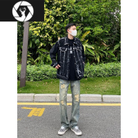 HongZun美式高街复古水洗做旧街头破洞牛仔裤男潮牌直筒宽松百搭痞帅长裤